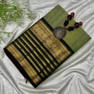 Olive Green Narayanpet Mercerised Cotton Saree with dark green and golden woven border