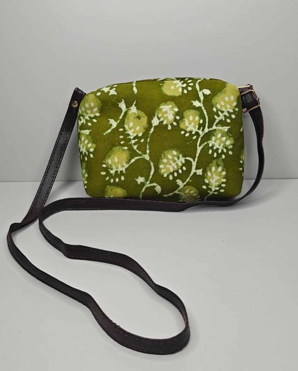 Green Hand Block Print Sling Bag for Women with Adjustable Shoulder Strap