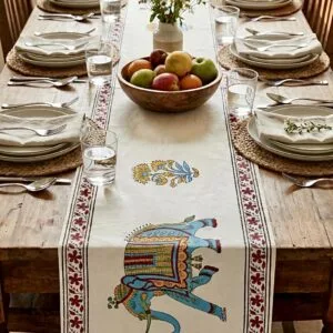 Hand Block Printed Cotton Table Runner 6 Seater – Elephant Design