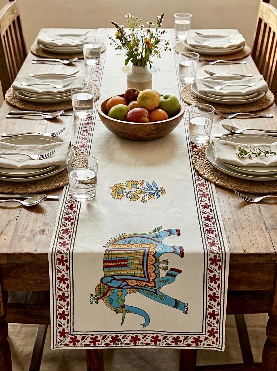 Hand Block Printed Cotton Table Runner for 6 Seater Dining Table Elephant Design