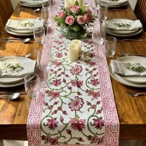 Pink Floral Hand Block Printed Cotton Table Runner – 6 Seater
