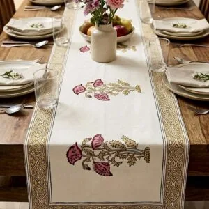 Beige Floral Hand Block Printed Cotton Table Runner – 6 Seater