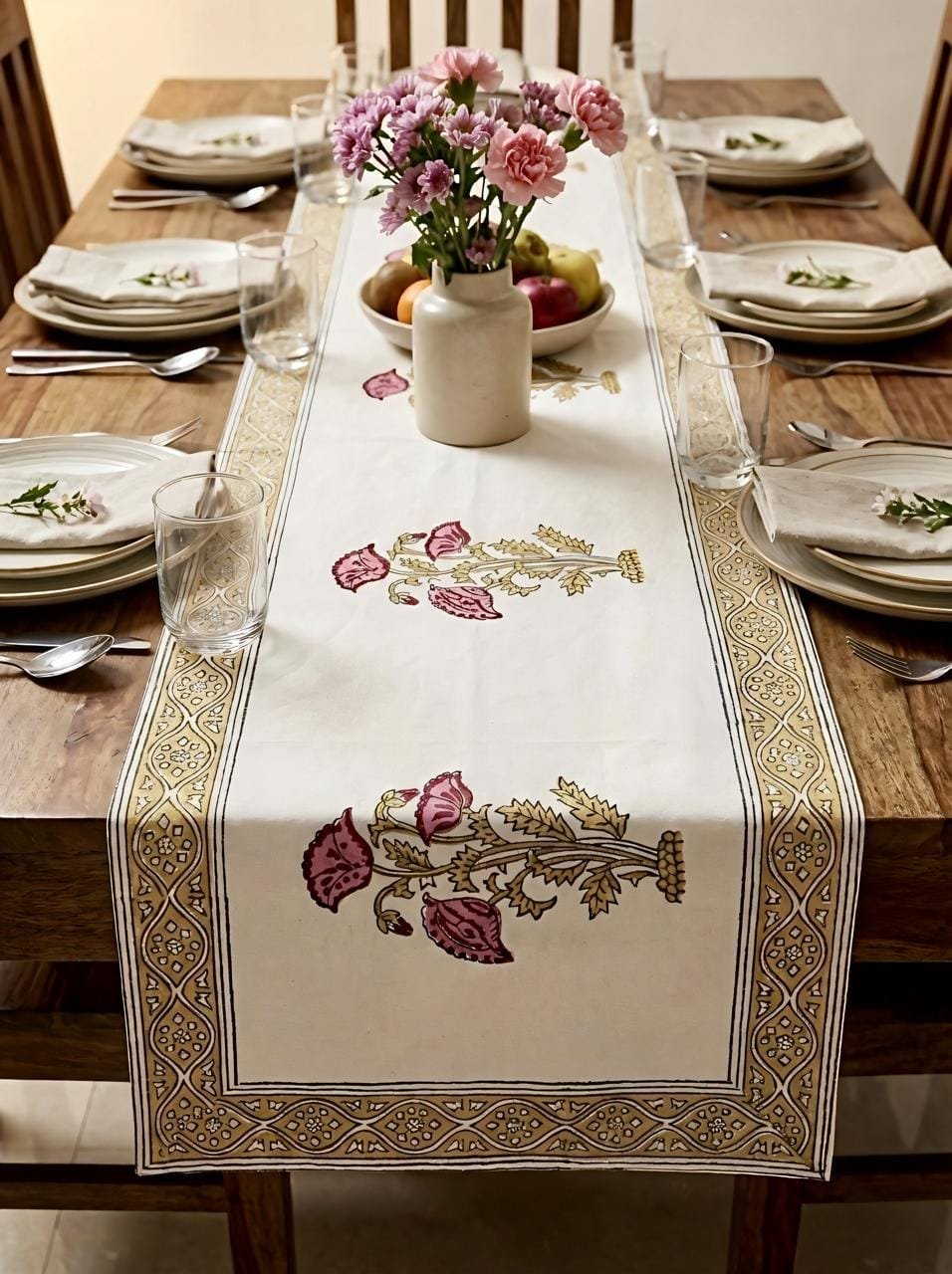 Add a touch of elegance to your dining space with this Beige Floral Hand Block Printed Table Runner. Crafted from premium cotton canvas, this 6-seater table runner features beautiful traditional floral hand block prints that enhance any dining table décor. Durable, machine washable, and perfect for everyday use, festive gatherings, and special occasions.