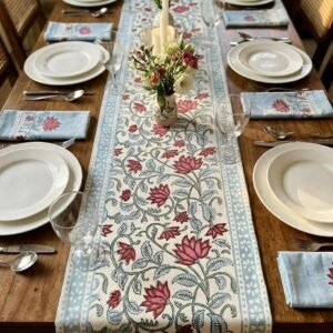 Blue Floral Hand Block Printed Table Runner on 6 Seater Dining Table