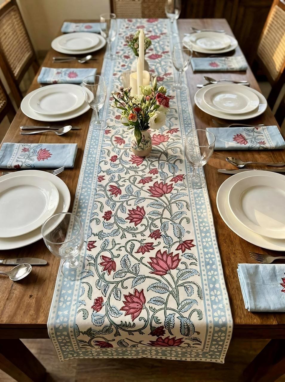Blue Floral Hand Block Printed Table Runner on 6 Seater Dining Table