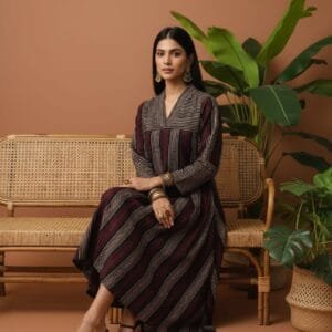Ajrak vegetable dyed one piece dress from Kutch