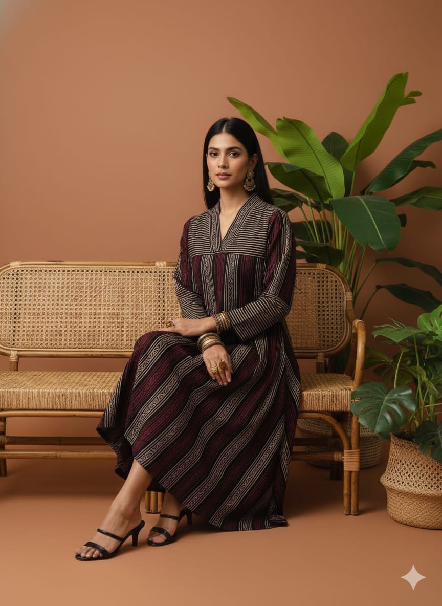 full sleeves ajrak onepiece Ajrak vegetable dyed one piece dress from Kutch