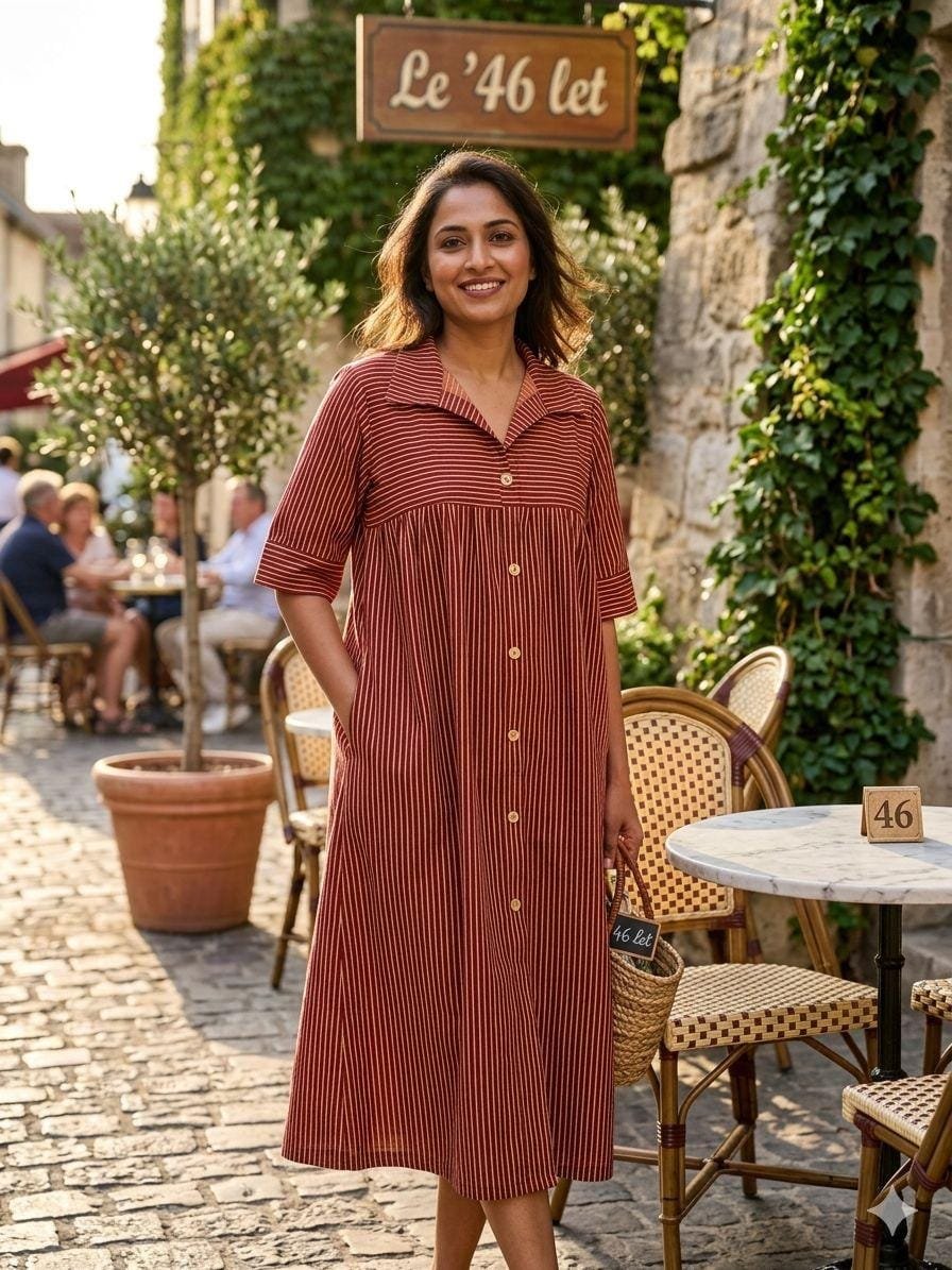line maroon one-piece Ajrak vegetable dyed one piece dress from Kutch