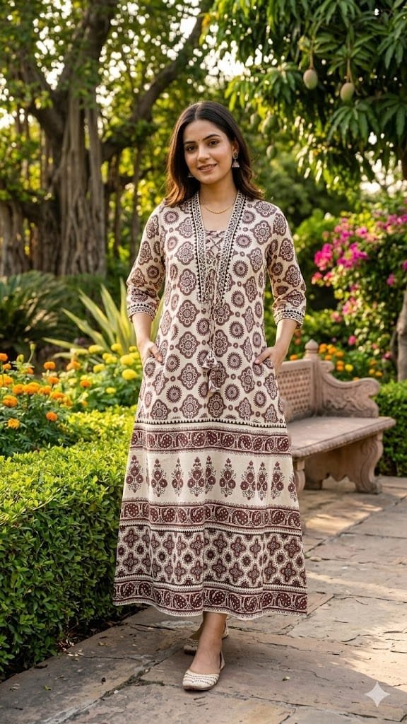 white ajrak one piece Ajrak vegetable dyed one piece dress from Kutch