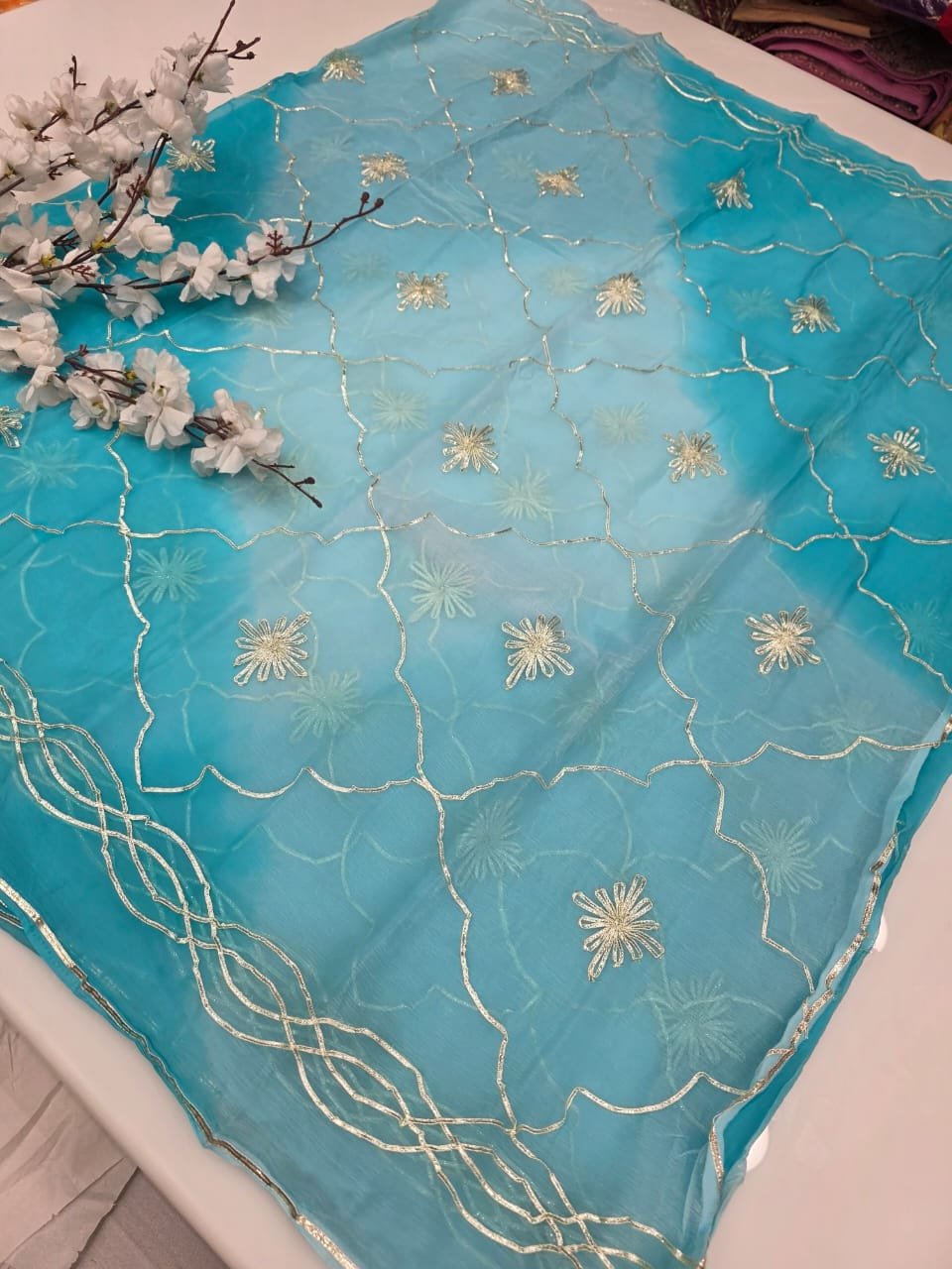 light blue gotta patti Rajputi Gottapatti saree